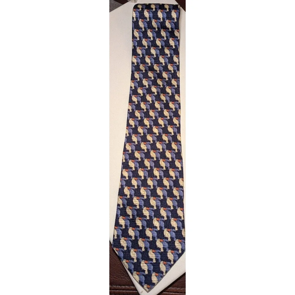 Ermenegildo Zegna Blue Toucan Silk Tie Made n Italy Luxury Designer Novelty Bird